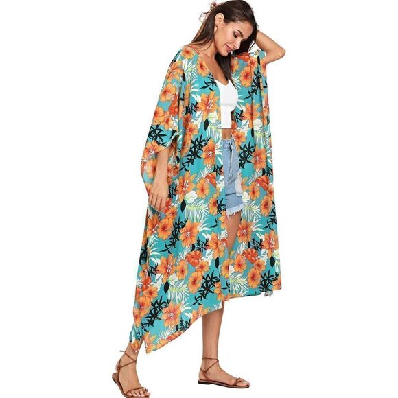Women's Flowy Kimono Cardigan Open Front Maxi Dress Turquoise S-XX-Large - Picture 5 of 7